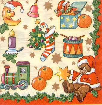 Serviette Weihnachtsmotive, Bär, Eisenbahn, Trommel, Rarität